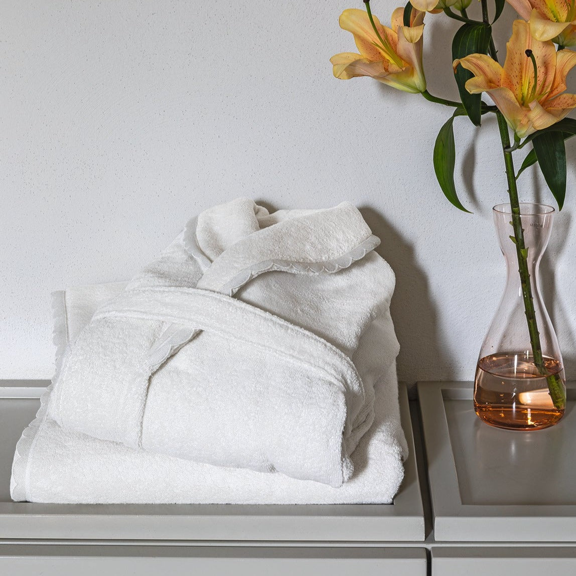 Terry Cotton Bathrobe with Shawl Collar and Scalloped Macrame - Castle