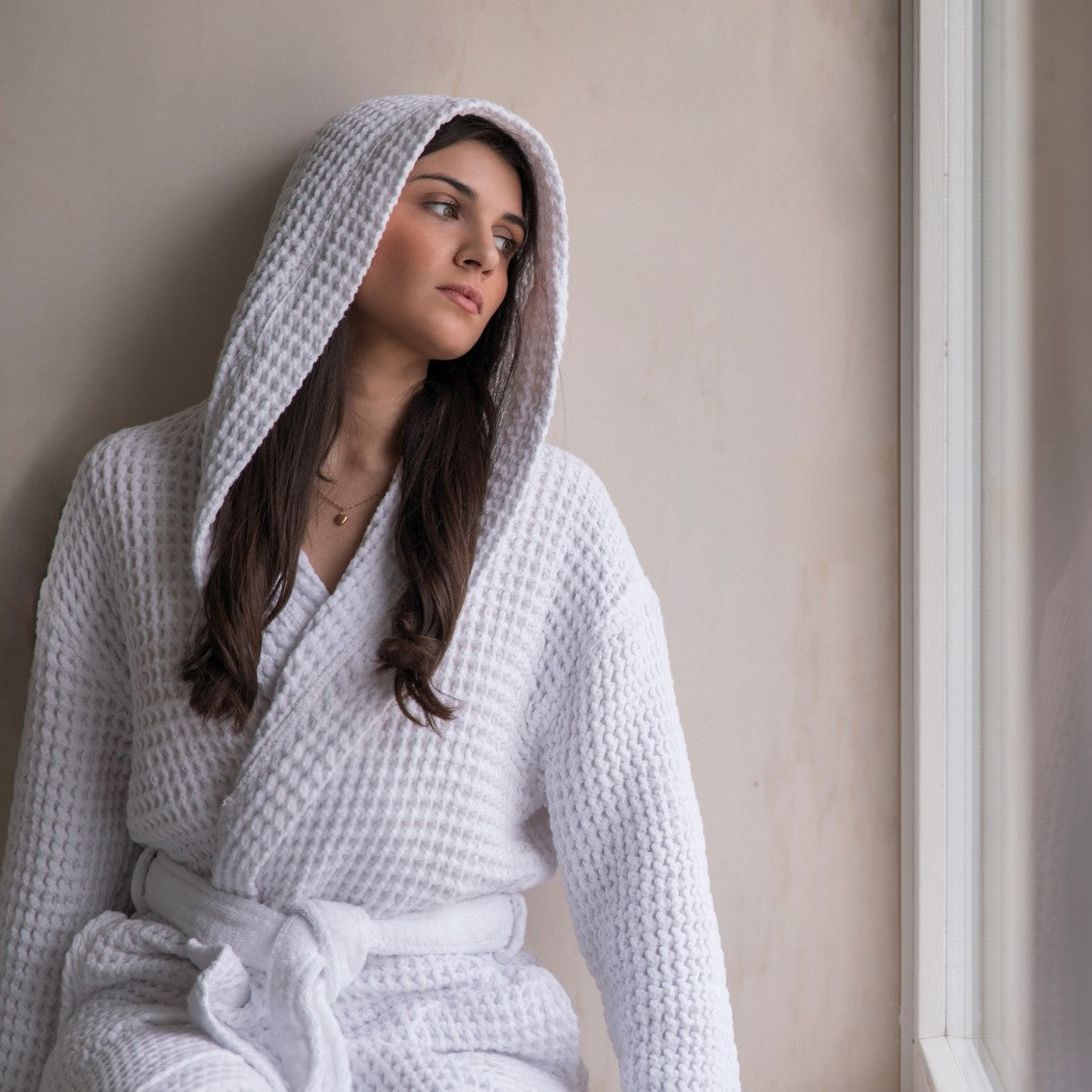 Pure Cotton Honeycomb Terry Bathrobe with Hood - Aura