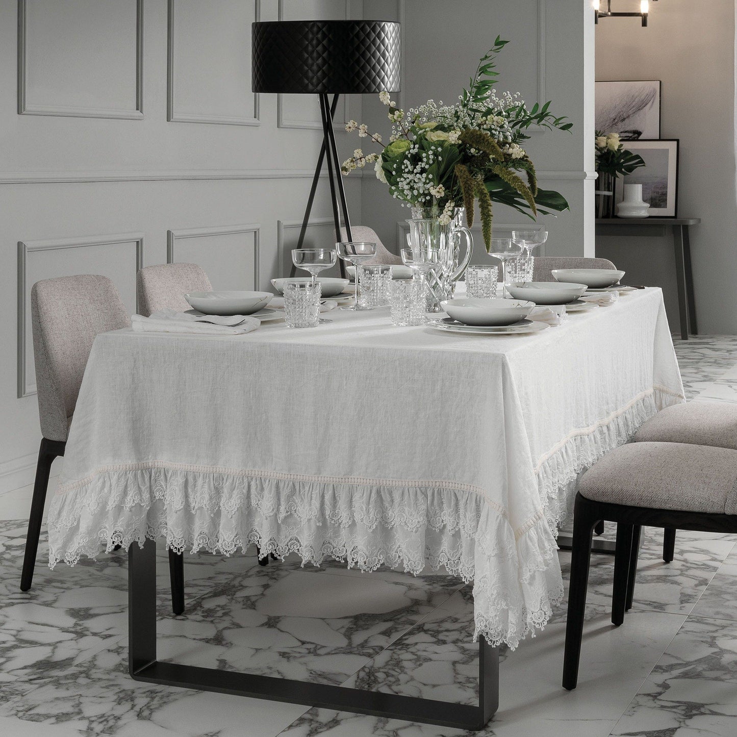 Tovaglia in lino e Cotone Stonewashed con pizzo - Sangallo Tovaglia La Fabbrica Del Lino Bianco 170x240