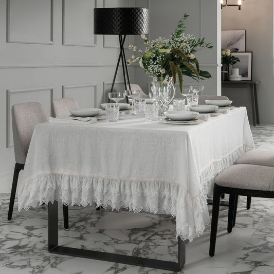 Tovaglia in lino e Cotone Stonewashed con pizzo - Sangallo Tovaglia La Fabbrica Del Lino Bianco 170x240