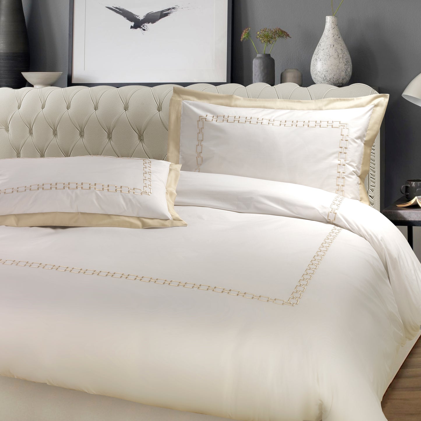 Duvet Cover Set in 400TC Cotton Percale with Hand-Embossed Greek Border - Medicea